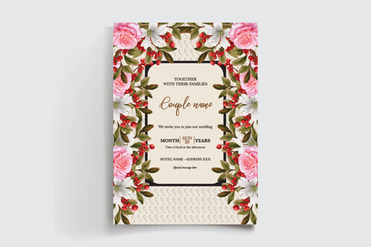 WEDDING INVITATION FRAME WITH FLOWER DECORATIONS AND FRESH LEAVES
