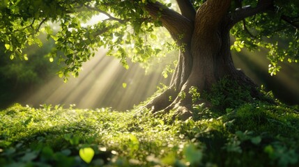 Poster - Soft light pulses through the roots of a giant tree, creating a dreamlike woodland scene