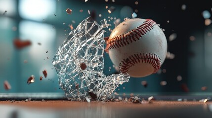 Poster - The instant of impact: baseball and broken window captured in dynamic freeze frame