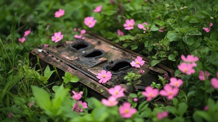 Aufkleber - War relics hidden among pink flowers, juxtaposing past violence with natural beauty