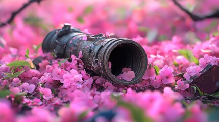 Aufkleber - War relics hidden among pink flowers, juxtaposing past violence with natural beauty