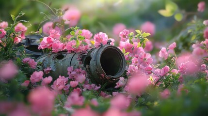 Aufkleber - War relics hidden among pink flowers, juxtaposing past violence with natural beauty