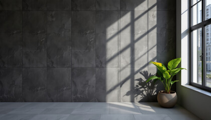 Poster - Modern interior design features dark textured wall, natural light, and green plant