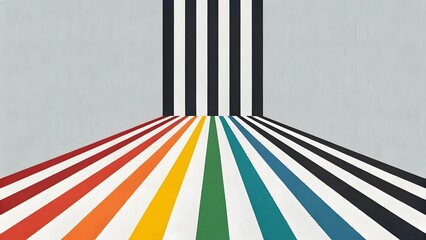 Poster - Vibrant rainbow stripes converging to a black and white striped wall a captivating abstract art piece with a textured modern aesthetic and a sense of depth and perspective