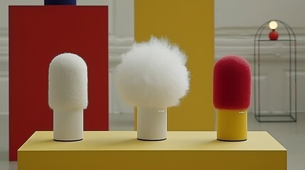 Poster - Abstract composition with geometric shapes and tactile fuzzy cylinders arrangement