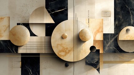 Poster - Abstract geometric artwork with marble textures, layered circles, and rectangles in neutral tones, creating a modern and sophisticated visual composition.