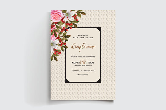 WEDDING INVITATION FRAME WITH FLOWER DECORATIONS AND FRESH LEAVES