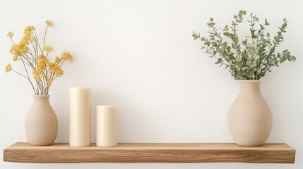 Poster - Minimalist wooden shelf with beige vases, yellow flowers, greenery, and pillar candles against a white wall.