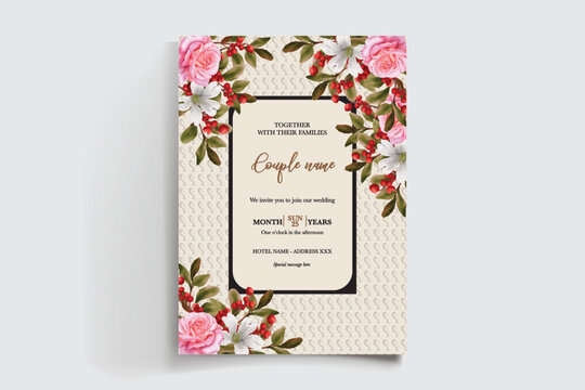 WEDDING INVITATION FRAME WITH FLOWER DECORATIONS AND FRESH LEAVES