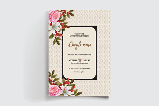 WEDDING INVITATION FRAME WITH FLOWER DECORATIONS AND FRESH LEAVES