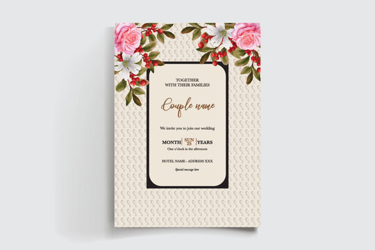 WEDDING INVITATION FRAME WITH FLOWER DECORATIONS AND FRESH LEAVES