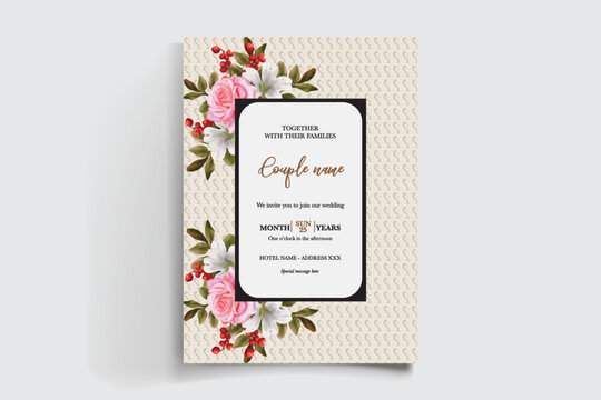 WEDDING INVITATION FRAME WITH FLOWER DECORATIONS AND FRESH LEAVES
