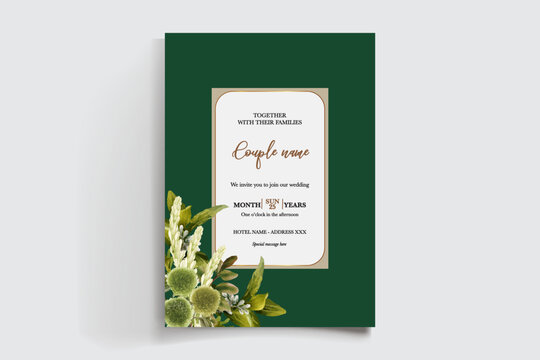 WEDDING INVITATION FRAME WITH FLOWER DECORATIONS AND FRESH LEAVES
