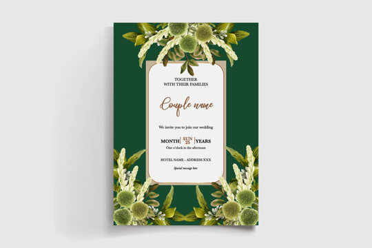 WEDDING INVITATION FRAME WITH FLOWER DECORATIONS AND FRESH LEAVES