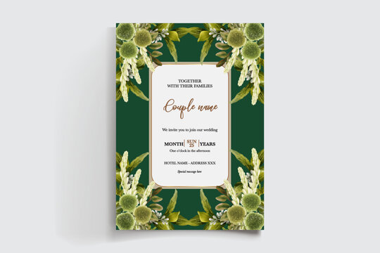 WEDDING INVITATION FRAME WITH FLOWER DECORATIONS AND FRESH LEAVES