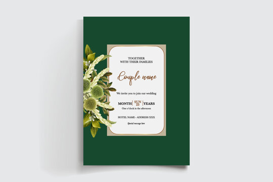 WEDDING INVITATION FRAME WITH FLOWER DECORATIONS AND FRESH LEAVES