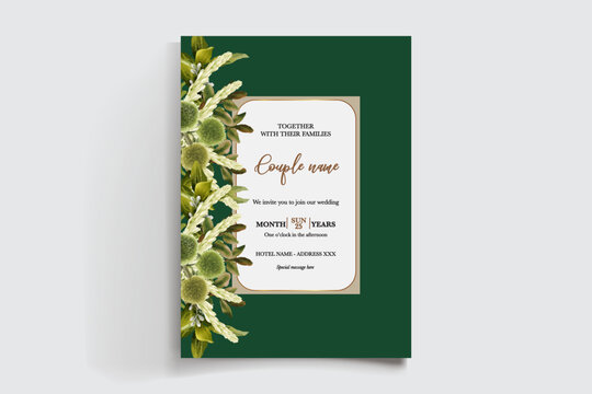 WEDDING INVITATION FRAME WITH FLOWER DECORATIONS AND FRESH LEAVES