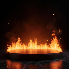 Poster - dramatic scene featuring circular platform surrounded by vibrant flames, creating intense and fiery atmosphere. dark background enhances glow