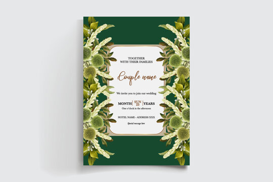 WEDDING INVITATION FRAME WITH FLOWER DECORATIONS AND FRESH LEAVES
