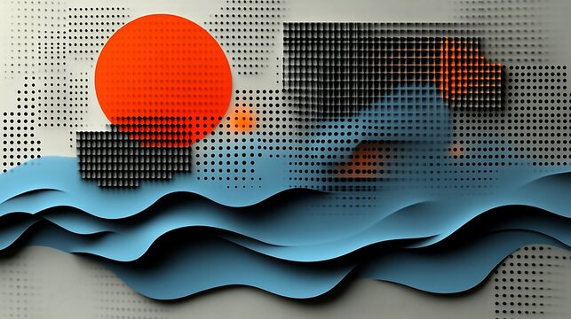 Abstract Geometric Artwork Featuring Waves and Sun