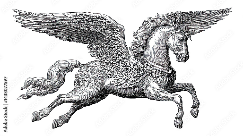 Mythical flying horse Pegasus engraving drawing isolated transparent ...