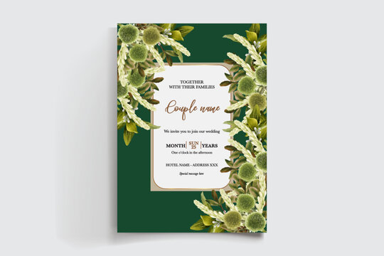 WEDDING INVITATION FRAME WITH FLOWER DECORATIONS AND FRESH LEAVES