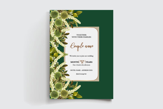 WEDDING INVITATION FRAME WITH FLOWER DECORATIONS AND FRESH LEAVES