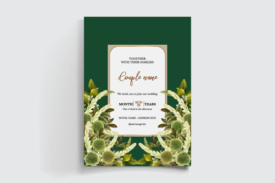 WEDDING INVITATION FRAME WITH FLOWER DECORATIONS AND FRESH LEAVES