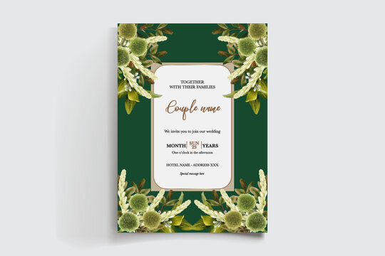 WEDDING INVITATION FRAME WITH FLOWER DECORATIONS AND FRESH LEAVES