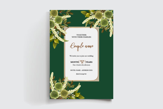 WEDDING INVITATION FRAME WITH FLOWER DECORATIONS AND FRESH LEAVES