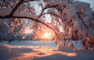 Wall Mural - Snowy Branches at Sunset Winter Landscape