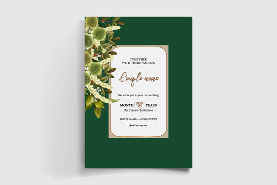 WEDDING INVITATION FRAME WITH FLOWER DECORATIONS AND FRESH LEAVES