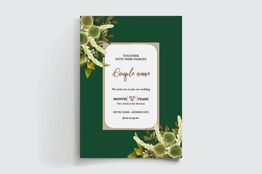 WEDDING INVITATION FRAME WITH FLOWER DECORATIONS AND FRESH LEAVES