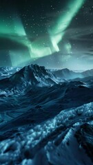 Wall Mural - a beautiful, serene landscape of mountains and water with a bright green aurora in the sky