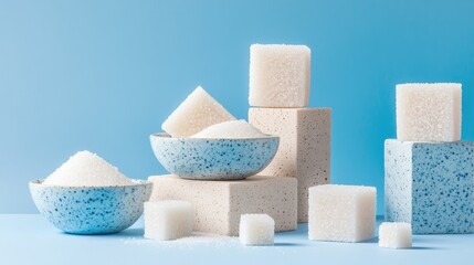Poster - Blue background highlighting white sugar textures and shapes in bowl and cube form