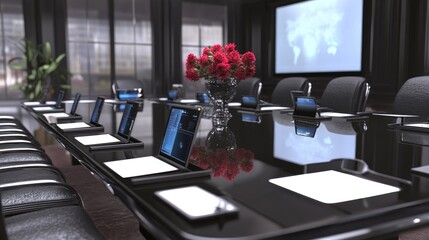 Poster - Conference table with digital devices ready for hybrid presentation session with virtual attendees