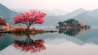 © Kanomaoi - A solitary cherry blossom tree with vibrant pink flowers stands on a small island in a calm lake, reflecting its beauty amidst misty mountains