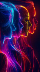 Wall Mural - Abstract profile portraits of women with glowing neon hair in dark background
