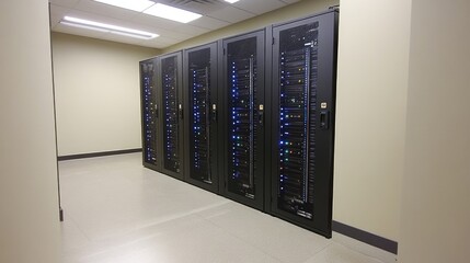 Poster - Corporate server room with secure racks and blinking network lights in a climate-controlled environment
