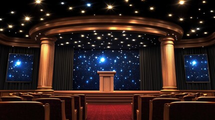 Poster - Corporate stage with minimalistic podium, LED screens in background showing agenda slides