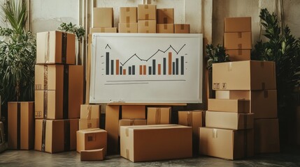 Poster - E-commerce marketing plan written out on a whiteboard surrounded by package mockups and flyers
