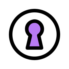 Poster - simple line art icon of a keyhole, filled with purple, enclosed in a black circle. Represents security or access. Use on tech blogs, security websites, and user interface designs.