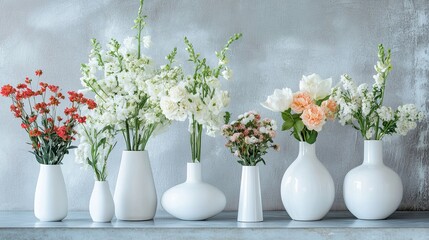 Poster - Elegant White Vases with Beautiful Spring Flowers Floral Arrangement Home Decor Still Life Photography White Flower Bouquet art calm soft image bloom 