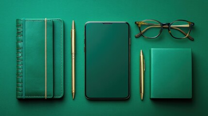 Poster - Flat lay of business essentials on an office desk smartphone, notebook, pen, and glasses