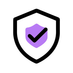 Poster -  simple icon of a purple shield with a black checkmark. Use for security websites, privacy policy pages, and protection-related blogs.