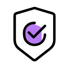 Poster -  simple icon of a purple shield with a black checkmark. Use for security websites, privacy policy pages, and protection-related blogs.