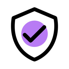 Poster -  simple icon of a purple shield with a black checkmark. Use for security websites, privacy policy pages, and protection-related blogs.