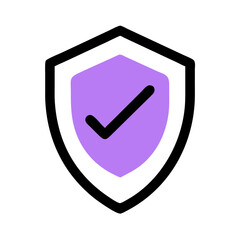 Poster -  simple icon of a purple shield with a black checkmark. Use for security websites, privacy policy pages, and protection-related blogs.