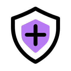 Poster - simple icon of a black outlined shield containing a smaller purple shield with a black plus sign. Use for healthcare websites, medical apps, and health insurance blogs.