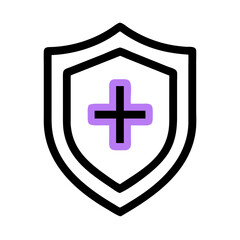 Poster - simple icon of a black outlined shield containing a smaller purple shield with a black plus sign. Use for healthcare websites, medical apps, and health insurance blogs.
